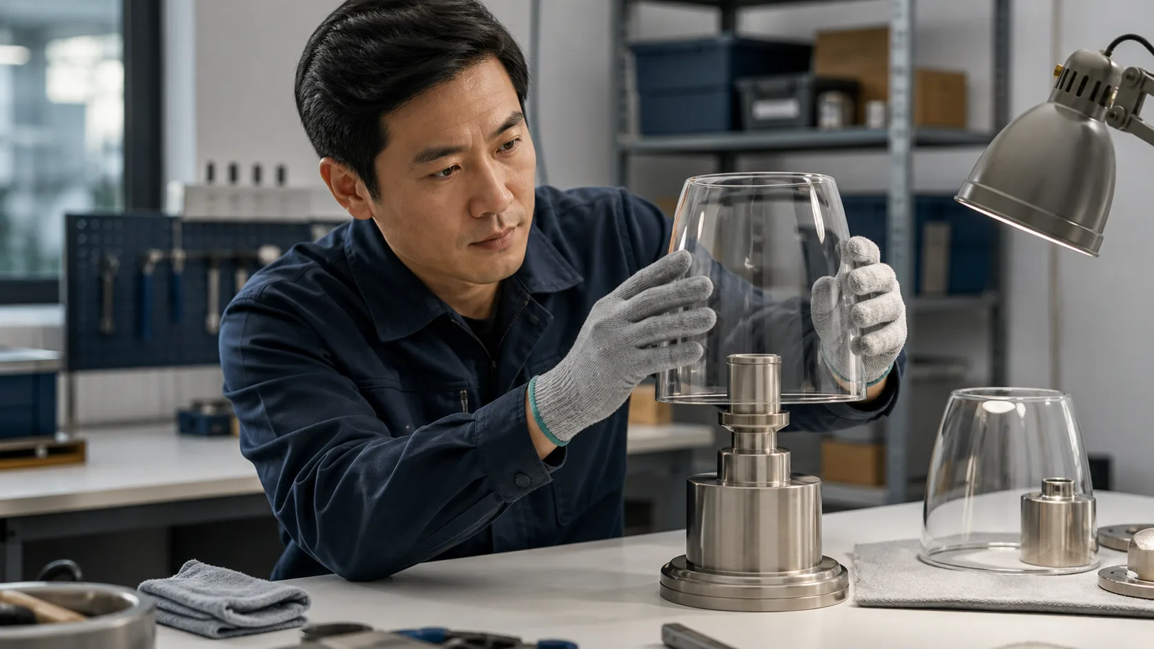 Klarer Lampenschirm aus Glas, der auf einem Metallhalter festsitzt, während ein Techniker den kühlen Schirm auf einer sauberen Werkbank stützt