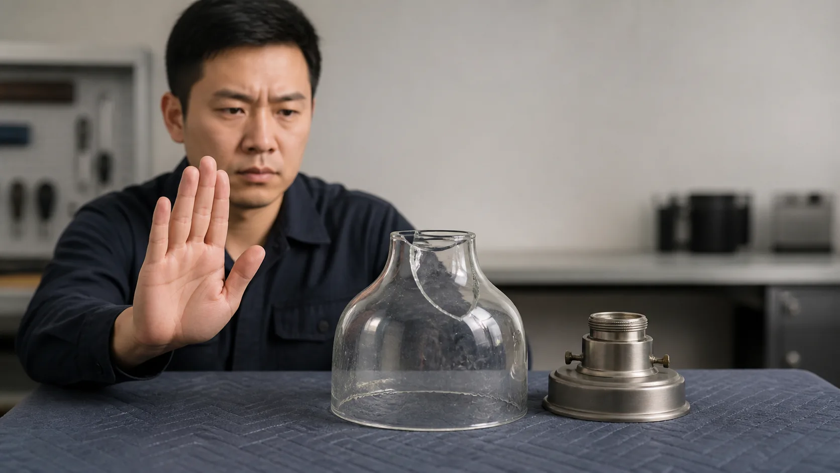 Abat-jour en verre endommagé et base métallique isolés sur une table rembourrée tandis qu’un technicien fait un signe d’arrêt et évite toute tentative de retrait de colle