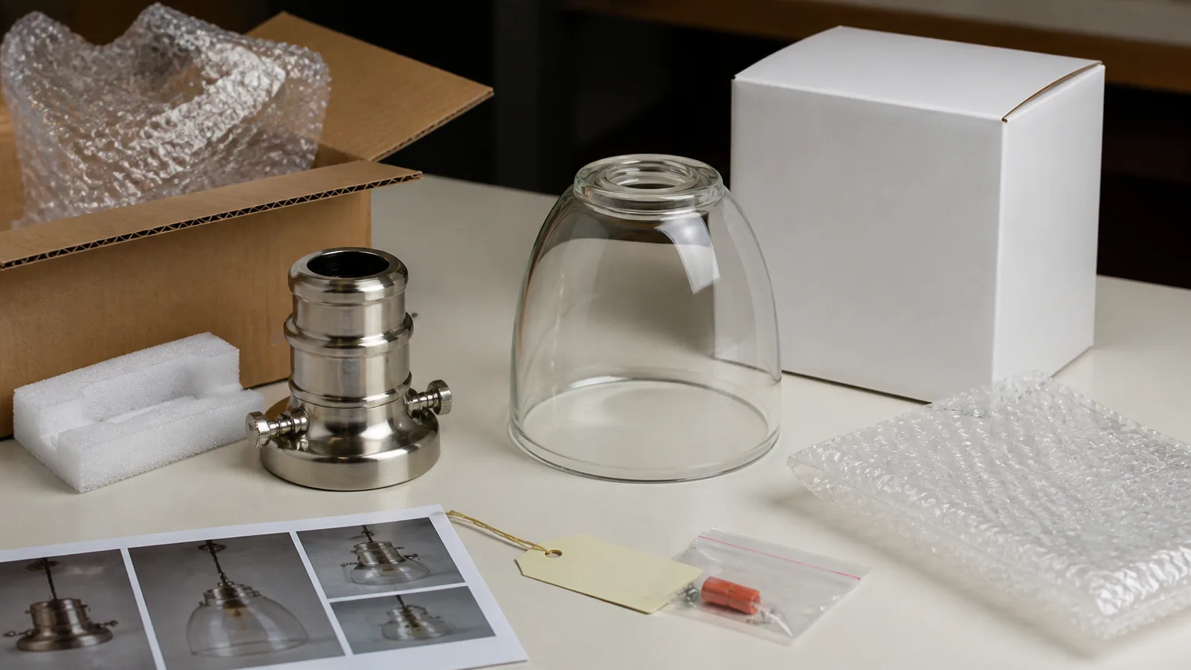 Ensemble de photos d’acheteur, étiquette du modèle de luminaire sans texte lisible, profil de l’abat-jour en verre, support et preuves d’emballage disposés pour un examen de remplacement