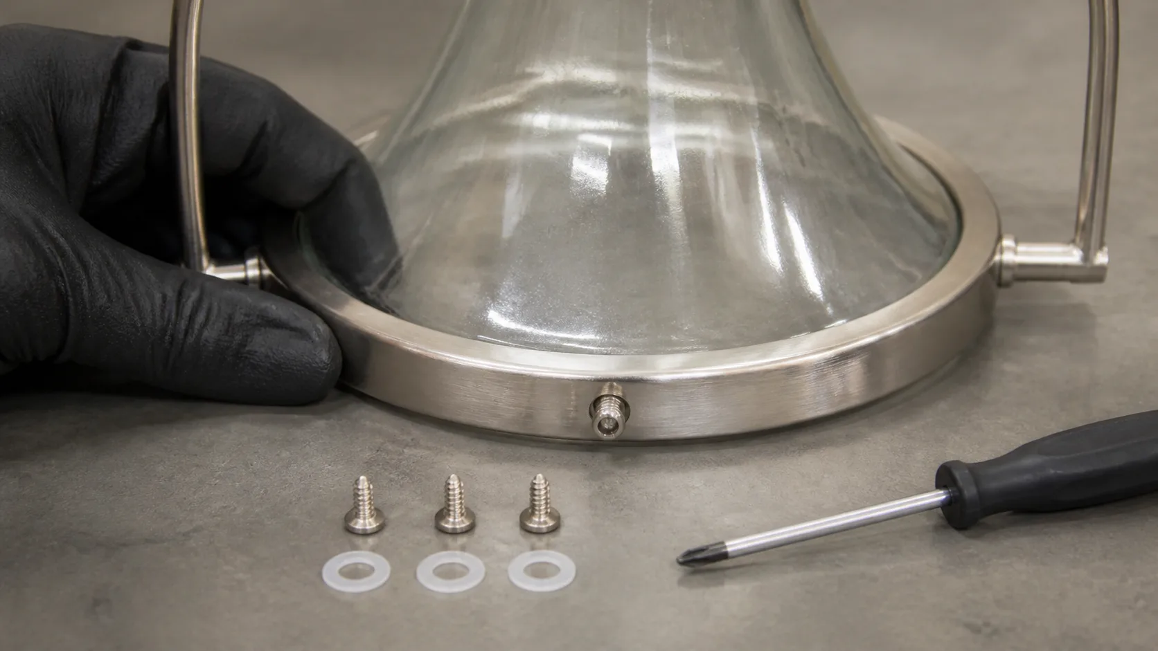 Vue technique rapprochée d’un petit ensemble de vis de fixation et de rondelles de protection autour du bord d’un abat-jour en verre soutenu, avec le tournevis approprié à proximité