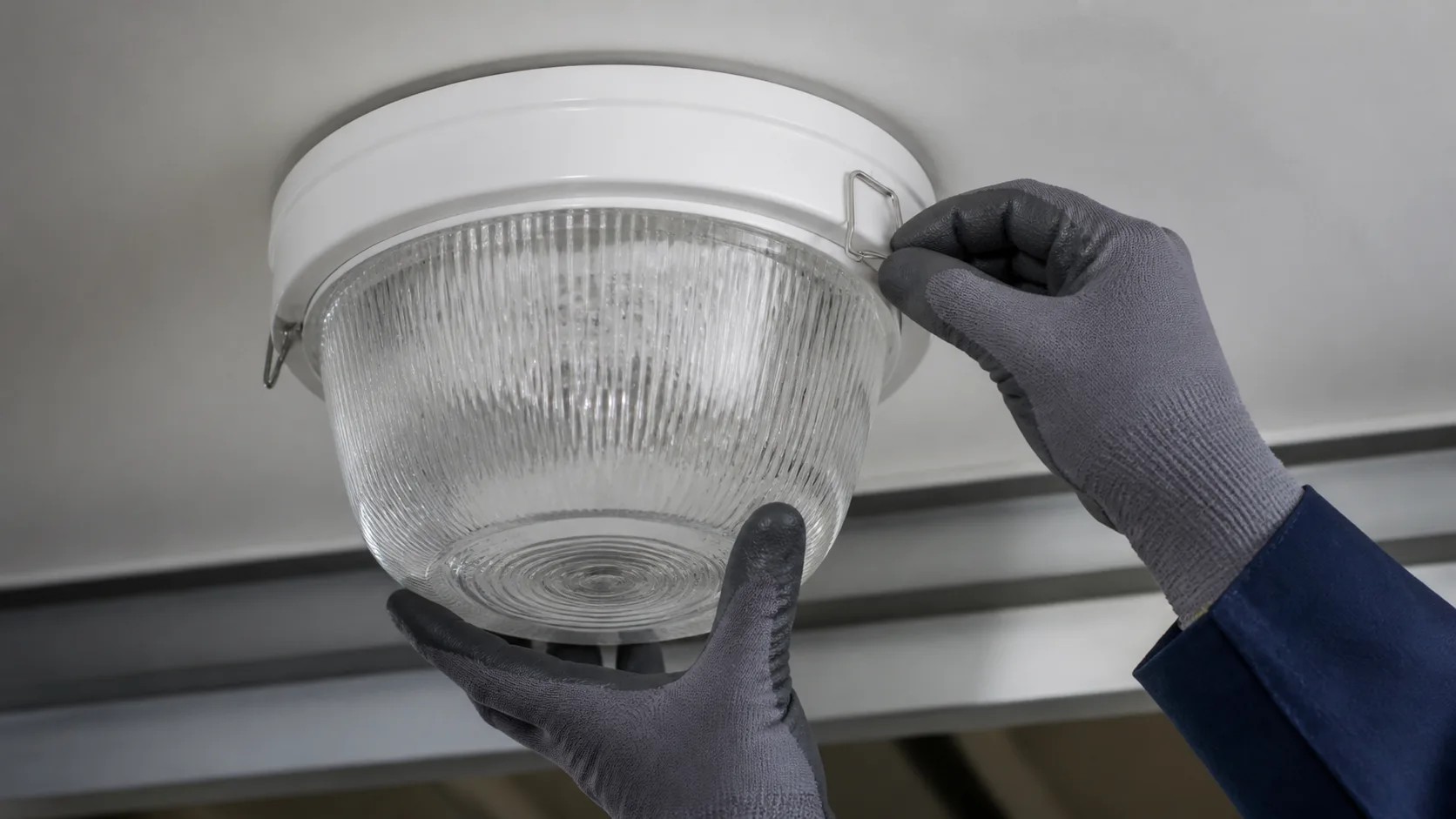 Vue par dessous d’un abat-jour en verre de plafond pendant que les clips à ressort sont relâchés un à un et qu’une seconde main soutient le globe
