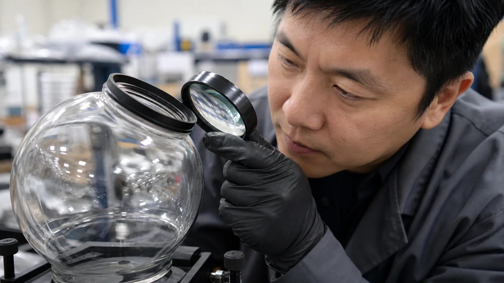 Technicien inspectant une bague de retenue inclinée ou mal vissée avec une loupe tout en n’appliquant aucune force sur le verre