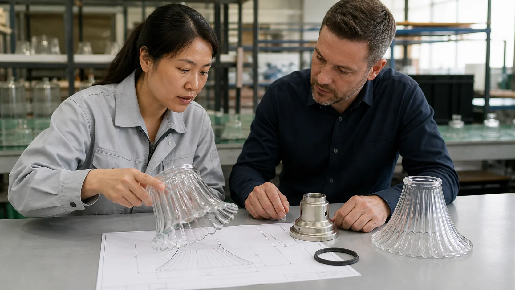 Ingénieur QC asiatique et acheteur examinant un dessin de profil d’abat-jour en verre, un échantillon de support, un joint et un échantillon de remplacement approuvé sur une table d’usine