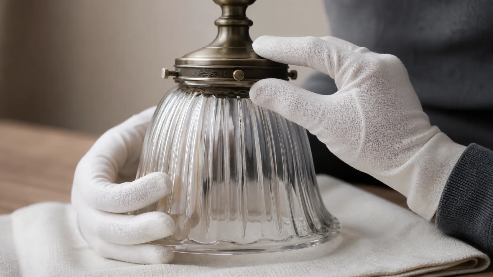 Mains soutenant un abat-jour en verre pendant qu'une bague de retenue est tournée à la main avec un chiffon de protection doux sous l'ensemble