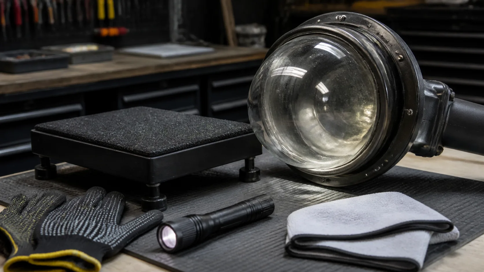 Gants antidérapants, tapis rembourré, plateforme de soutien basse, lampe de poche et chiffon doux disposés à côté d’un globe en verre coincé pour un retrait contrôlé