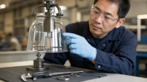 Abat-jour en verre sur un support de fixation tandis qu’un technicien ganté vérifie le mouvement avec un pied à coulisse et des anneaux de fixation sur un banc d’usine