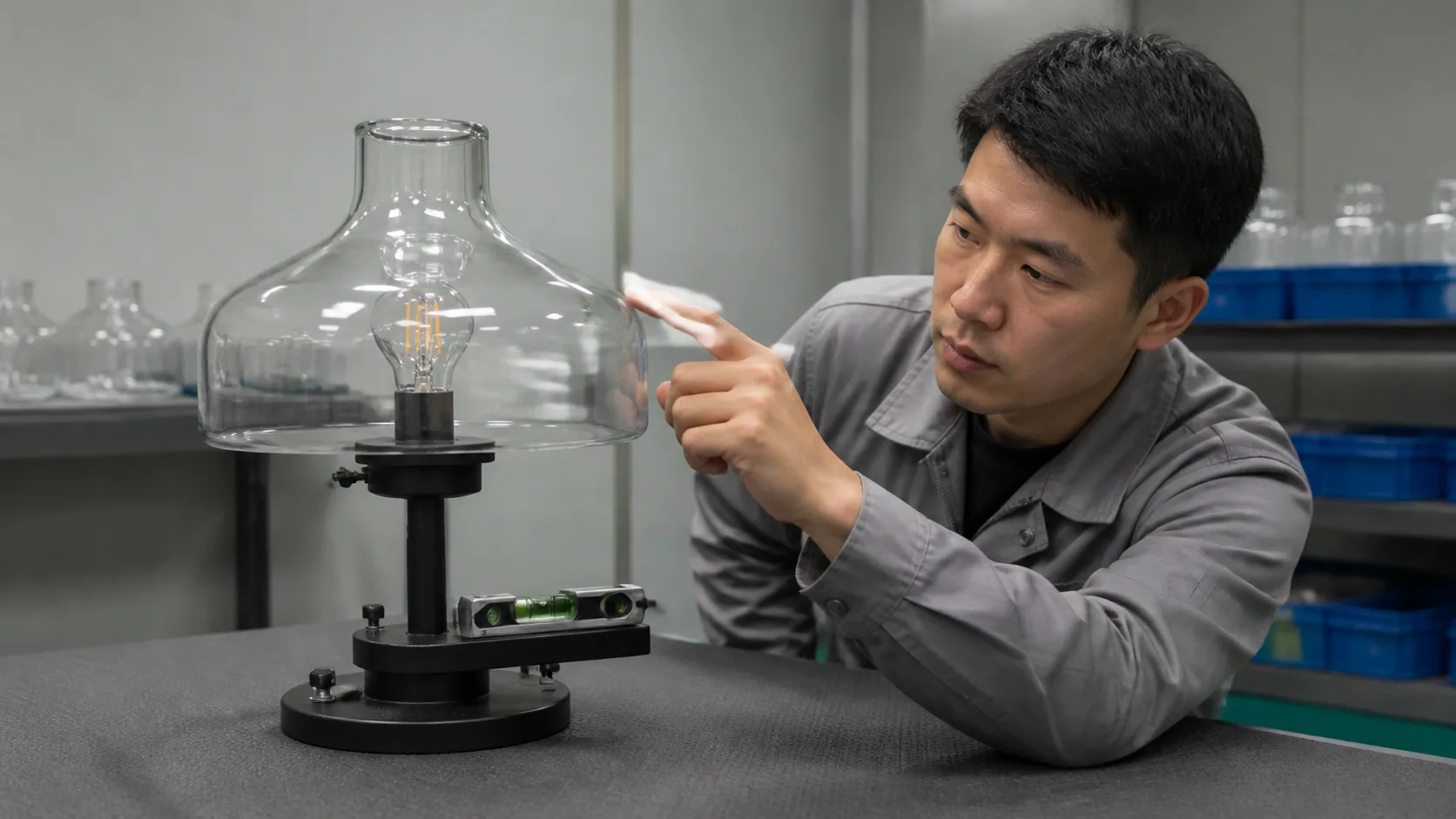 Technicien utilisant un petit niveau et vérifiant délicatement du bout des doigts si un abat-jour en verre oscille sur son support
