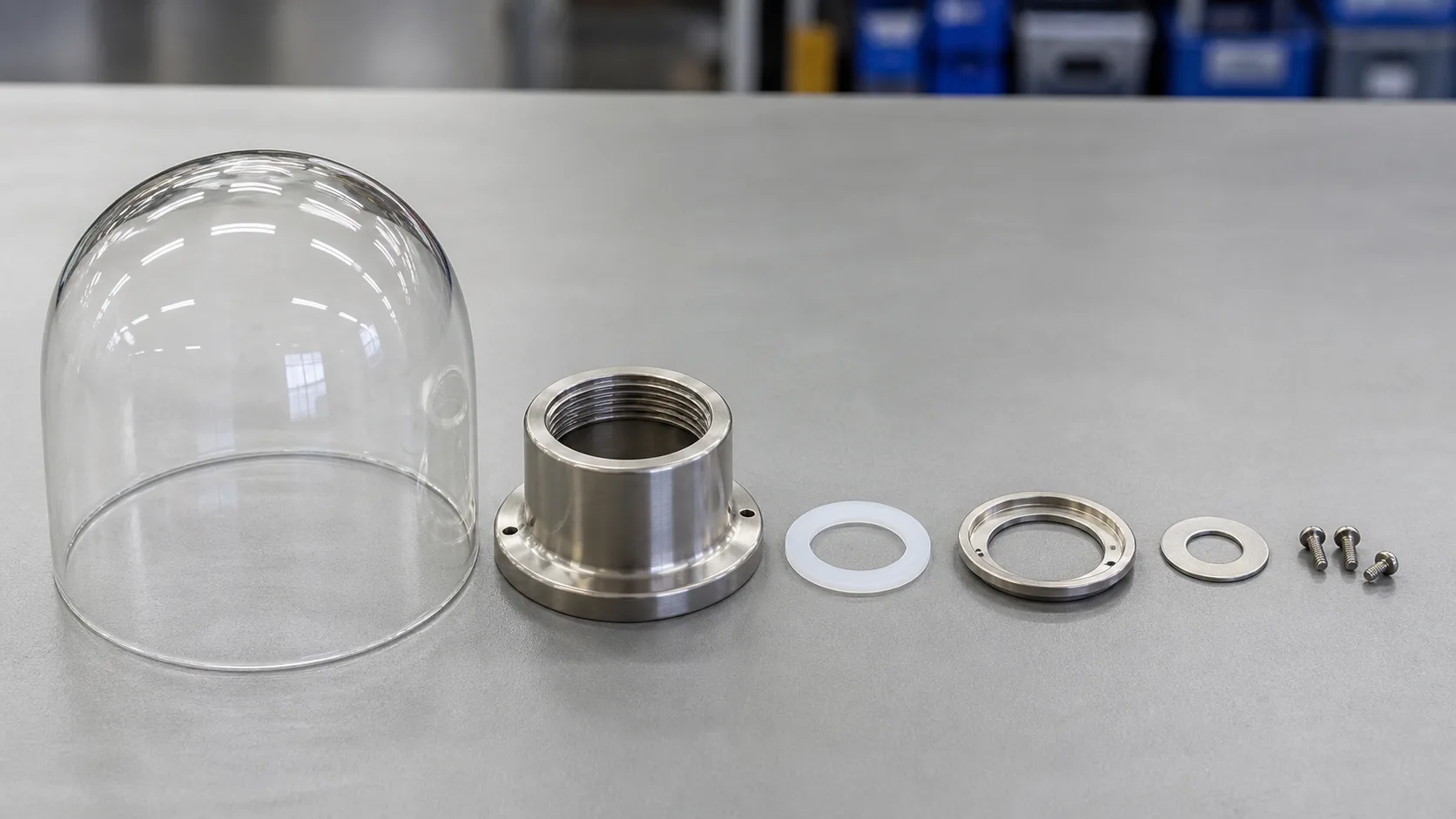 Disposition éclatée mais physiquement plausible de l’abat-jour en verre, du support, du joint, de la bague de retenue, de la rondelle et des vis sur une table d’inspection technique