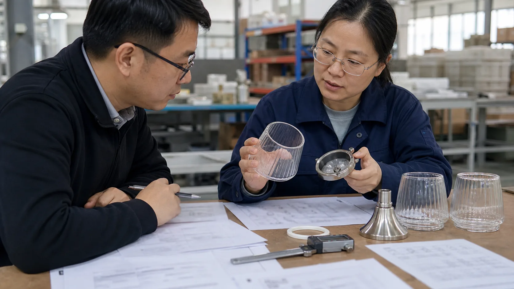 Acheteur et ingénieur qualité examinant un dessin d’interface d’abat-jour en verre, un échantillon de support, un échantillon de joint, un pied à coulisse et des notes d’acceptation sur une table d’usine