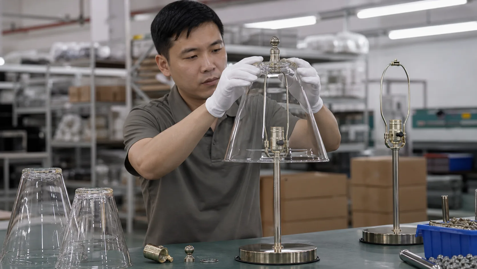 Lampe de table avec porte-abat-jour araignée, harp, pommeau, rondelle et abat-jour en verre pendant qu’un technicien vérifie l’alignement et l’assise