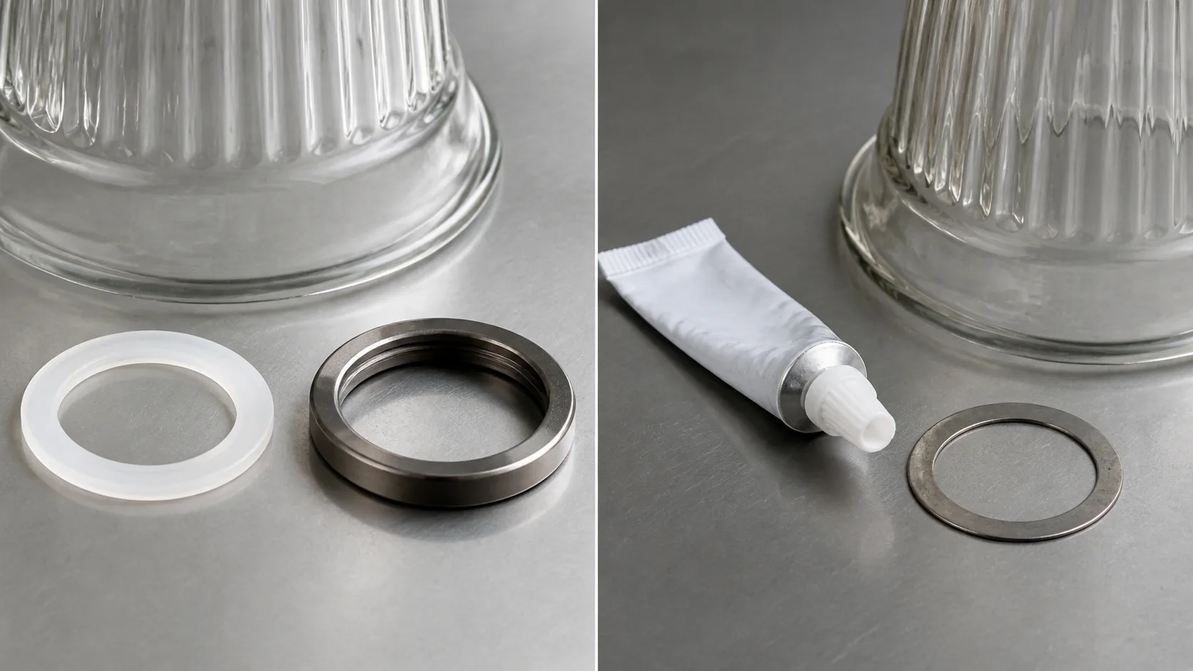 Composition divisée montrant un joint de remplacement approuvé et une bague d’un côté, et un adhésif rejeté et une cale métallique dure près du verre de l’autre côté