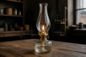 透明なガラス煙突の中で低く安定した炎を灯す伝統的な平芯オイルランプ