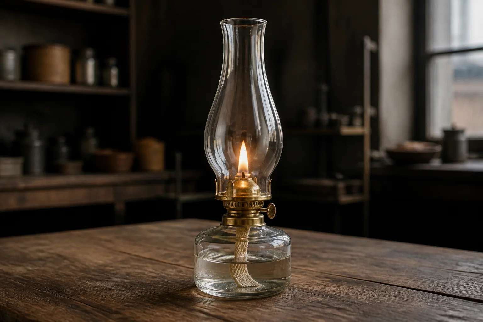 A traditional flat-wick oil lamp burning with a low steady flame inside a clear glass chimney on a stable wooden table