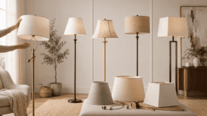 Collection of different floor lampshades in a modern living room setting.