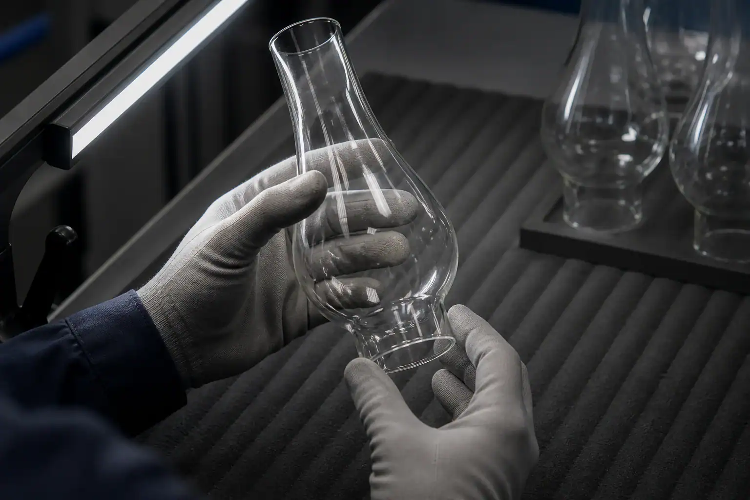 Handcrafting glass lampshade in a factory setting for lighting design.