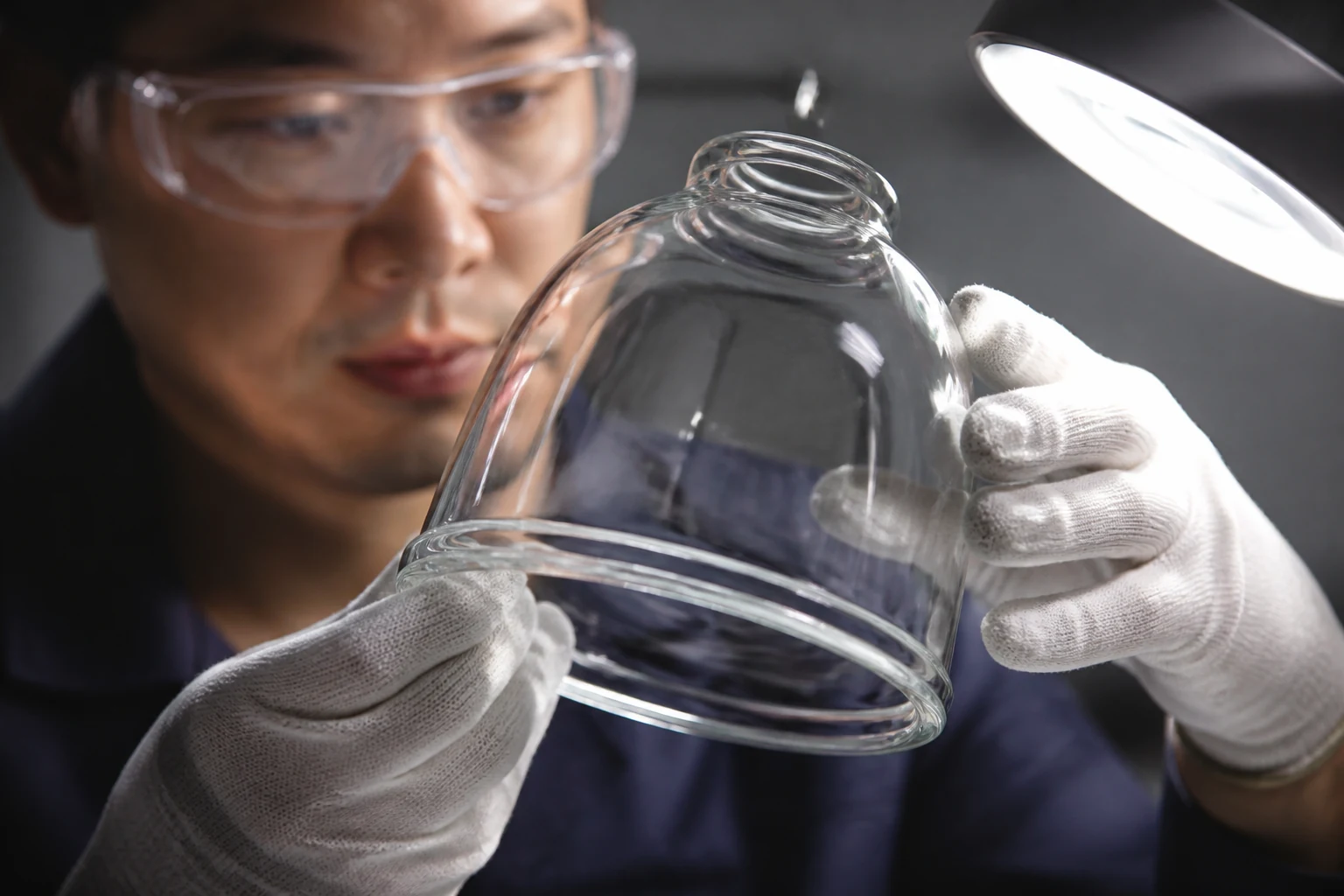 Quality technician inspecting the intact surface and rim of a clear glass shade