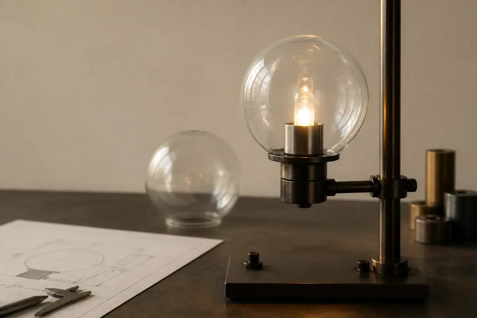 Clear borosilicate glass lamp shade mounted on a lighting test fixture