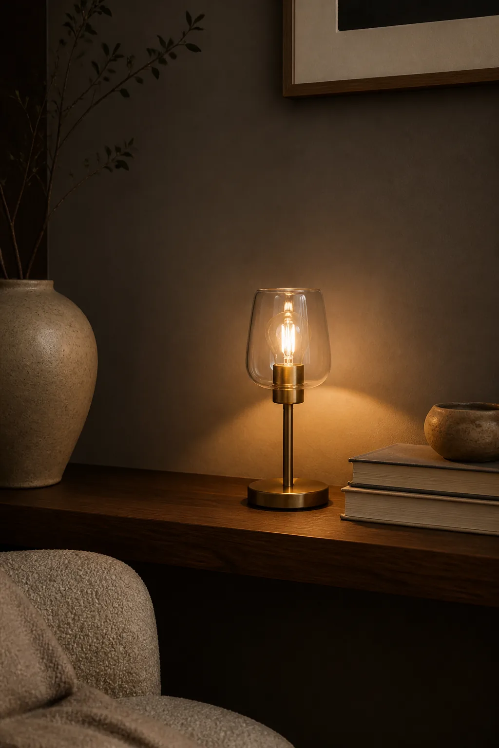 Petite lampe d’appoint avec un petit abat-jour en verre transparent illuminant une étagère décorée