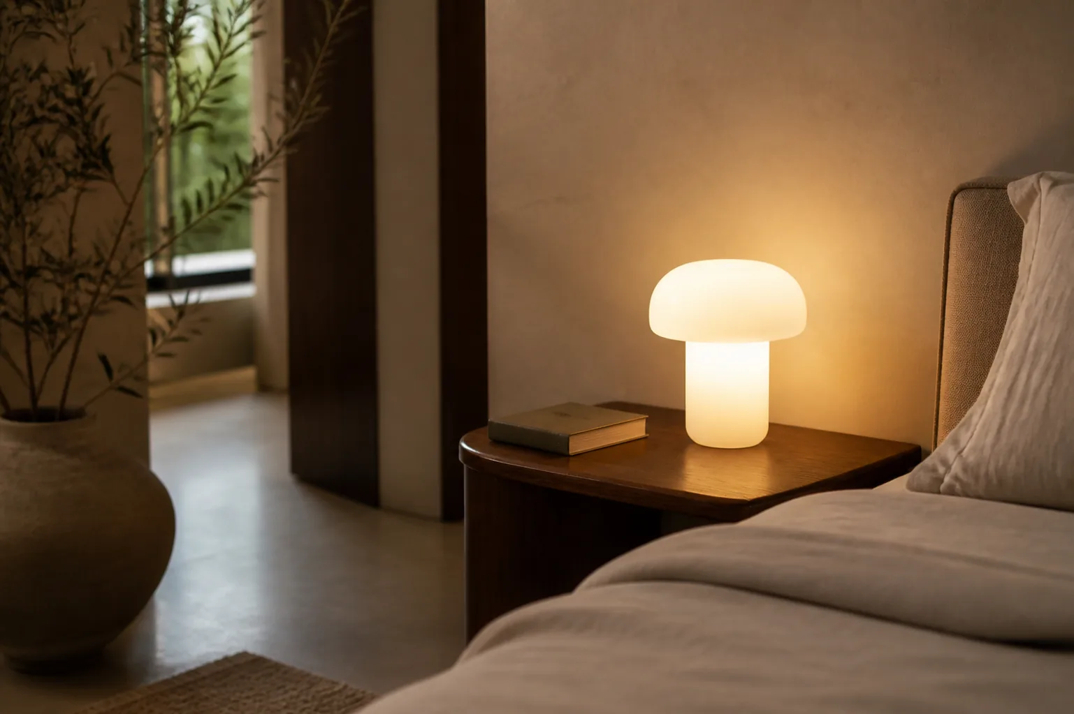 Lampe de chevet compacte avec un abat-jour en verre opale proportionné sur une table de nuit étroite