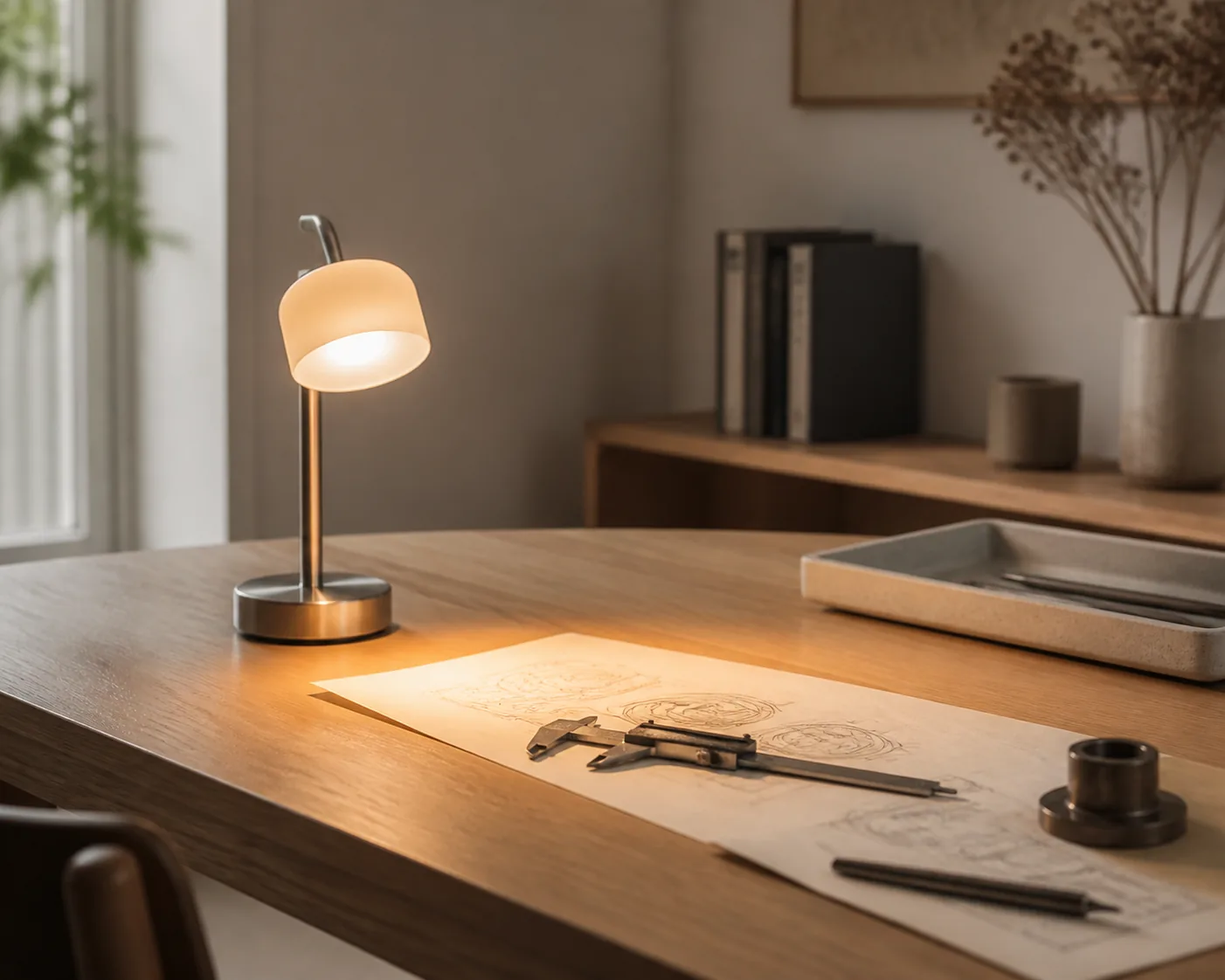 Petite lampe de bureau avec un abat-jour compact dirigeant une lumière douce de travail sur une surface de travail