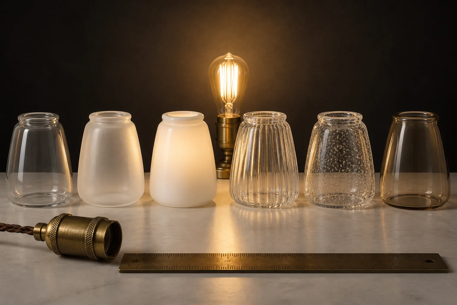 Échantillons de petits abat-jour en verre transparent, dépoli, opale, nervuré, bullé et coloré sous une même source lumineuse