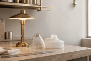 Petites coupelles de lampe en verre clair et opale à côté d’une lampe de table compacte sur un banc de mesure