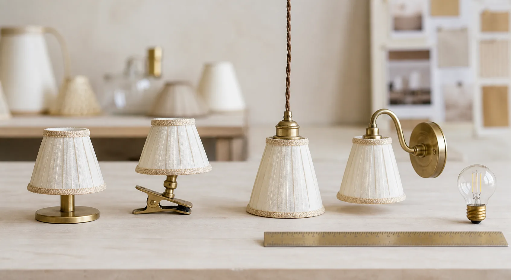 Formats d’abat-jour mini, à pince, de petite table et de petit pendentif disposés dans une étude de produits