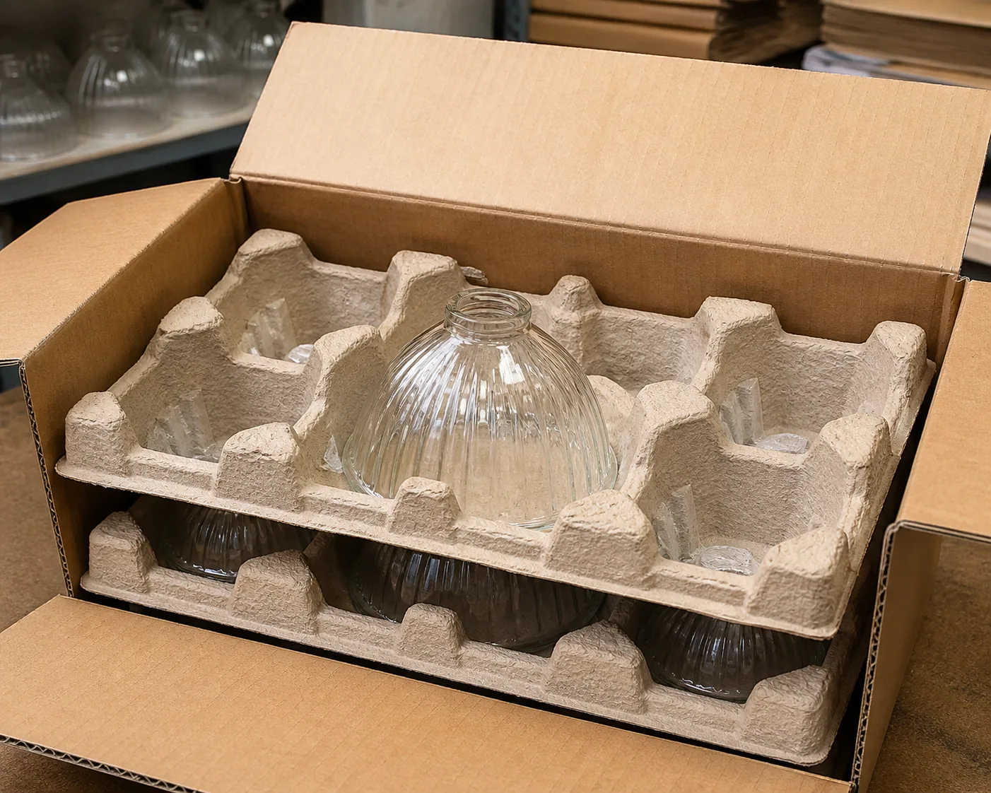 Petits abat-jour en verre séparés par des inserts de protection formés à l’intérieur d’un carton d’exportation pratique