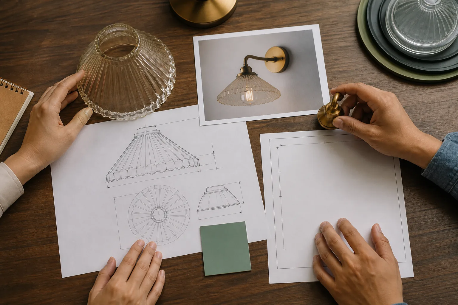 Dessin de l’acheteur, ancien échantillon de verre, photo de luminaire, échantillon de couleur et fiche de mesures disposés pour un examen d’abat-jour sur mesure