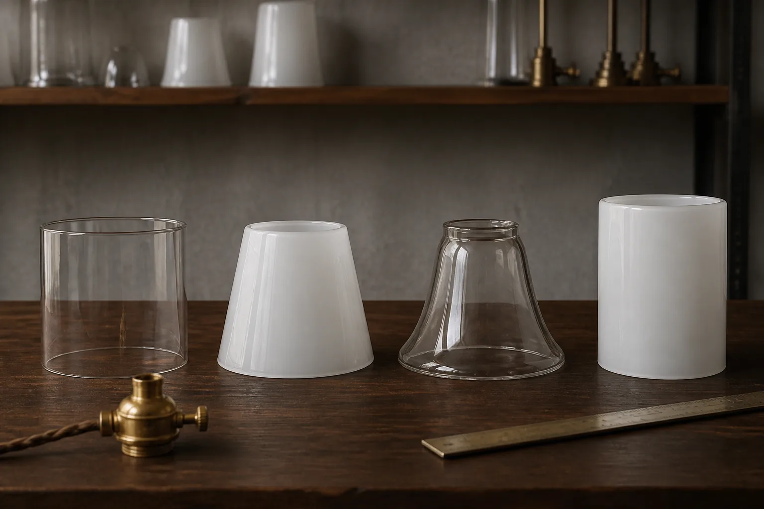 Profils de petits abat-jour en verre de type tambour, empire, cloche, globe et cylindre disposés pour comparaison