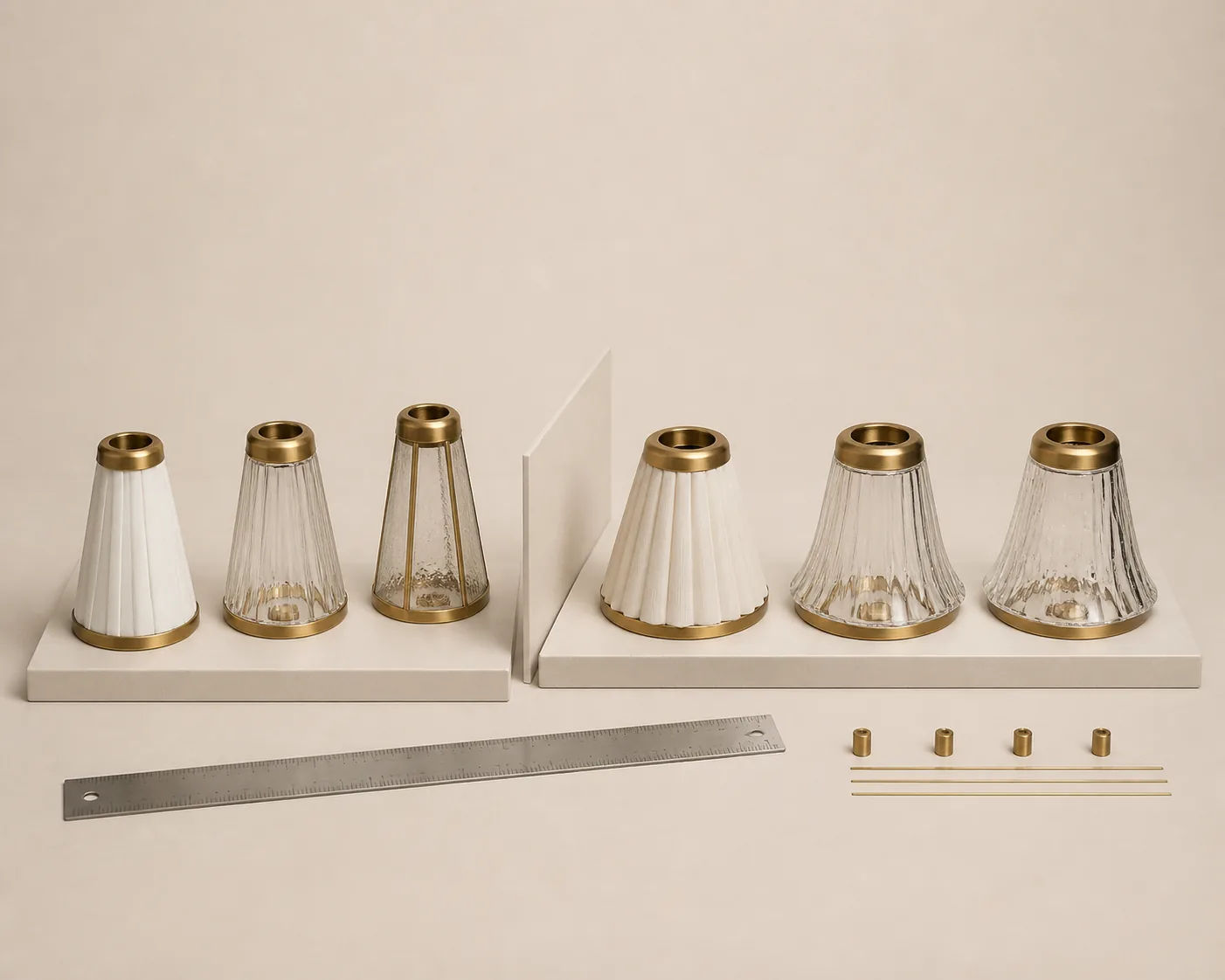 Comparaison visuelle des proportions d’abat-jour mini et petit avec les profils compacts d’abat-jour en verre