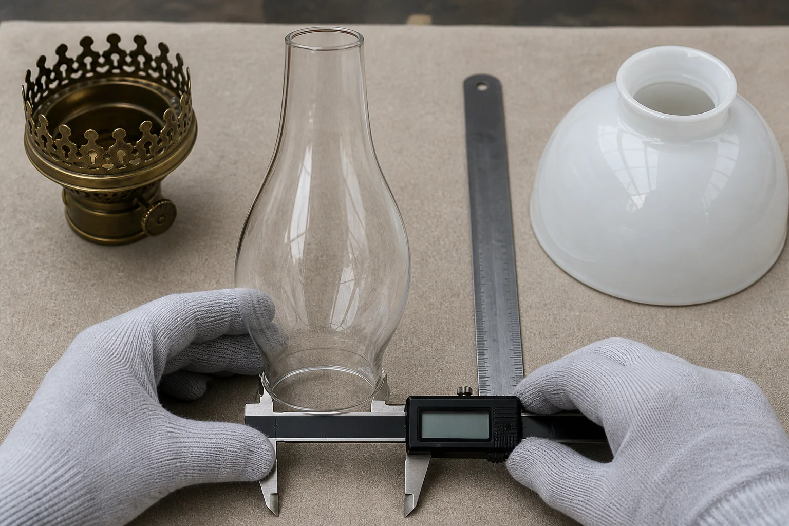 Glass oil lamp chimney measured at its lower fitter with a caliper and steel rule
