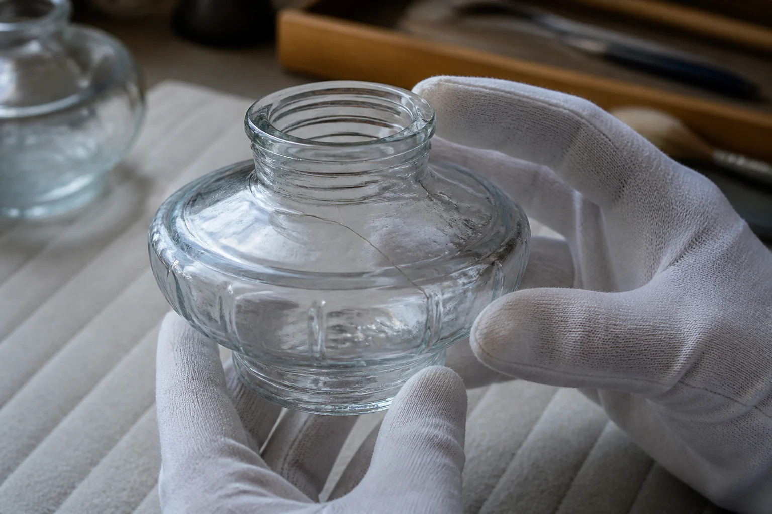 Conservateur ganté inspectant un réservoir d'huile en verre transparent pour détecter des fissures et des dommages au collet