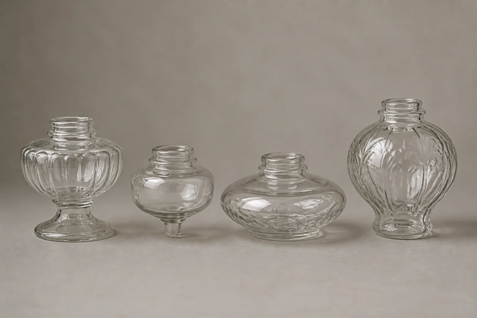 Quatre formes de fontaines à combustible en verre transparent pour lampe à huile présentées ensemble pour comparaison