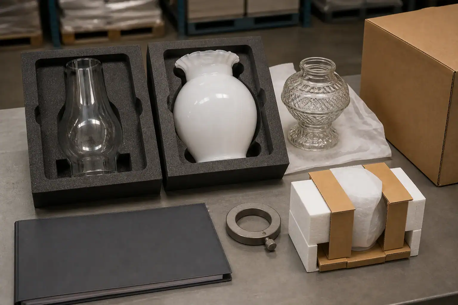 Various glass lampshades and packaging for manufacturing and shipping.