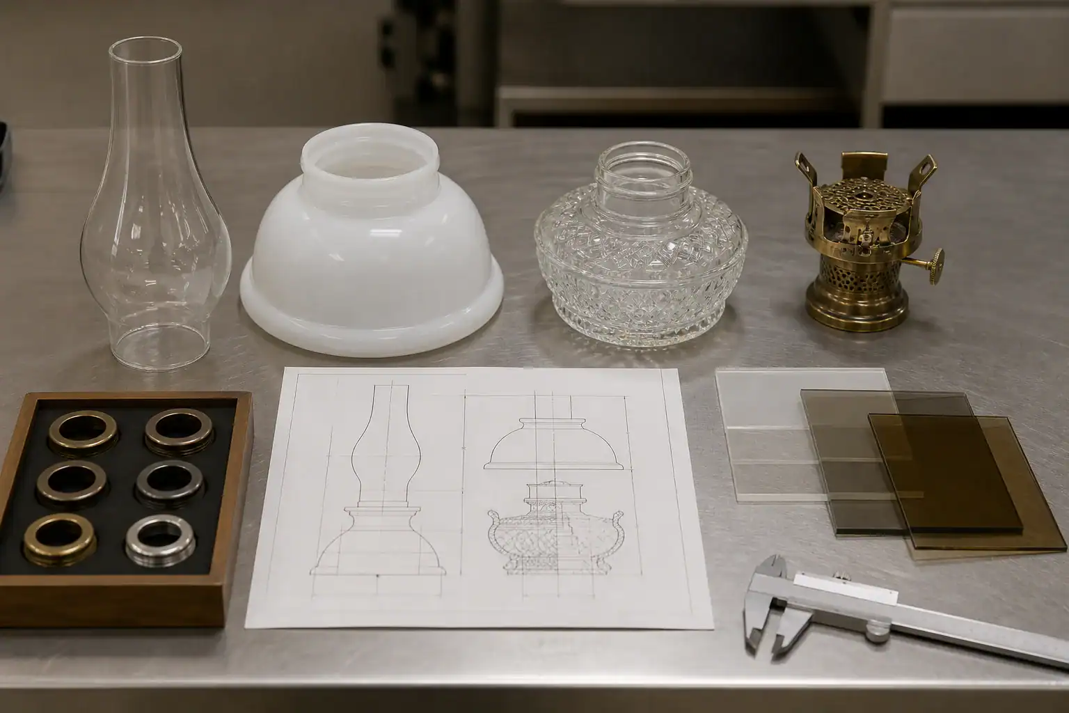 Glass lampshade components and design sketches for manufacturing.