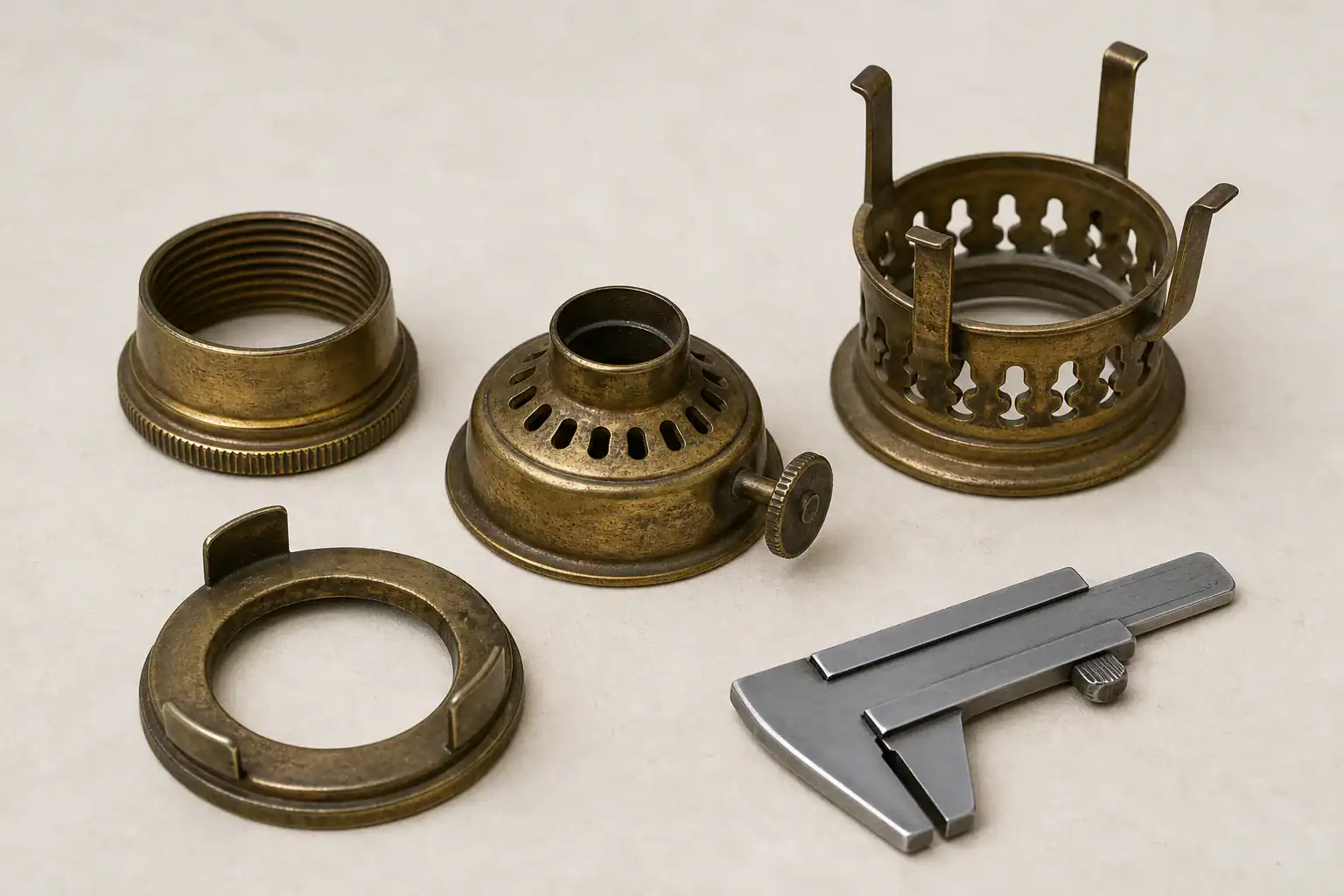 Various metal parts for glass lampshade manufacturing and assembly.
