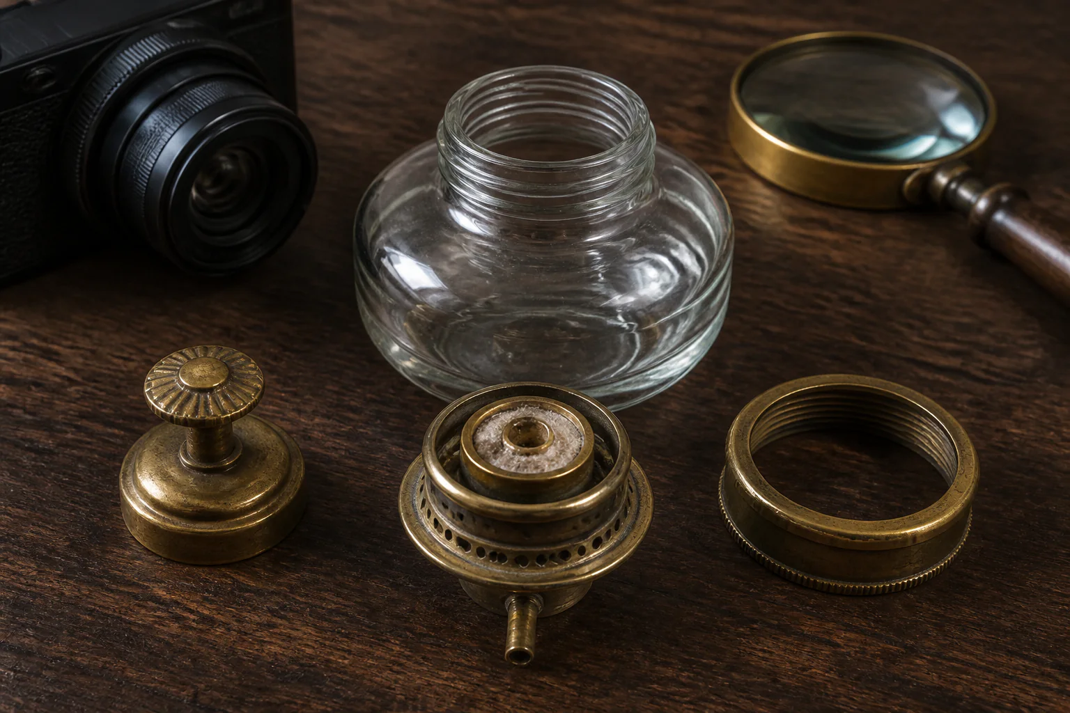 Oil lamp knob, burner, threaded collar and glass font documented with a camera and magnifier