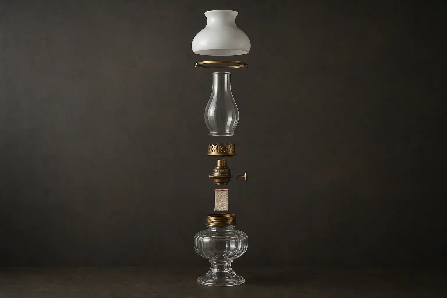 Elegant glass lampshade with vintage lamp parts on dark background.