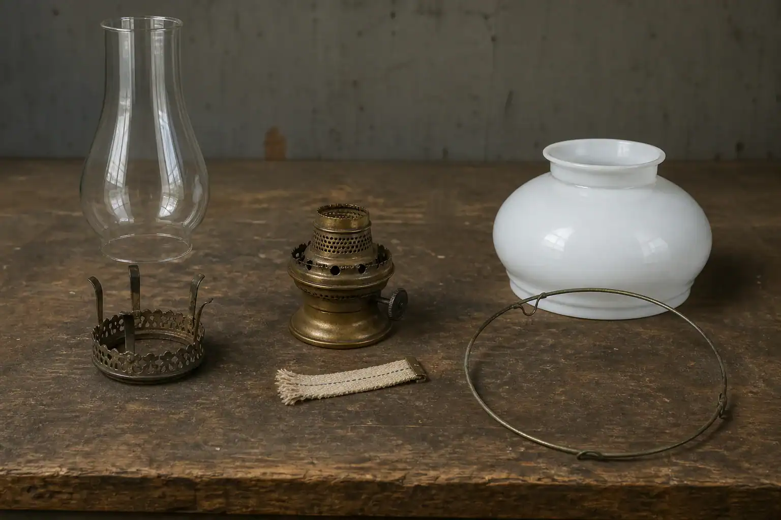 Various glass lampshades and antique lamp parts on wooden surface.