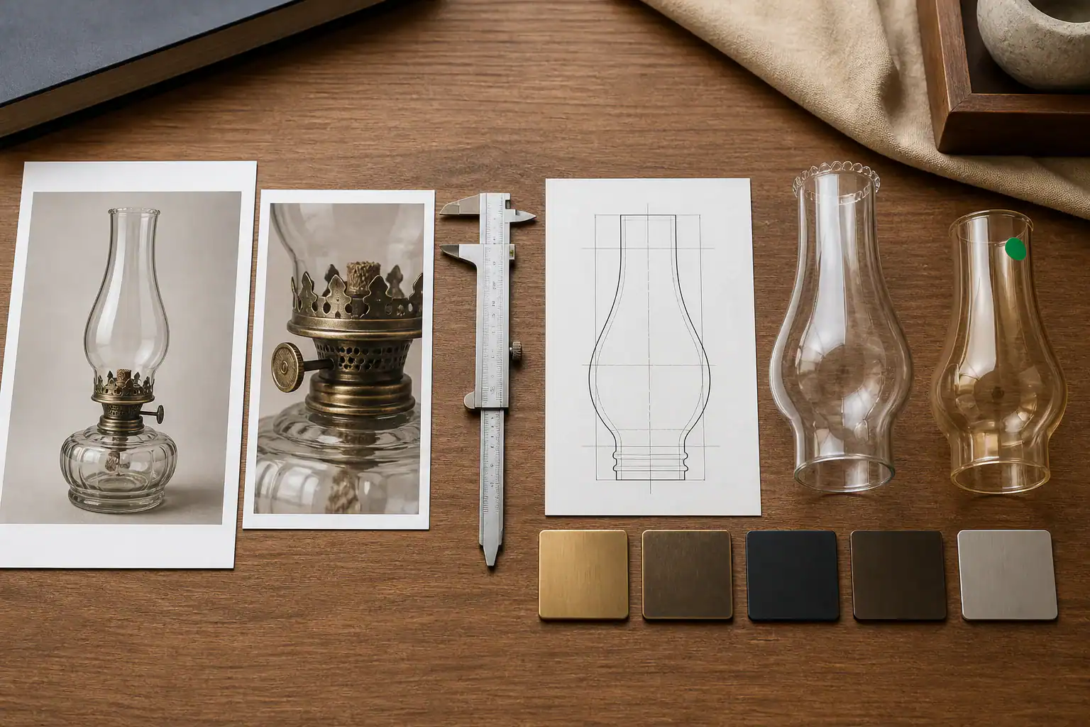 Glass lampshade prototypes and color samples for custom lighting design.