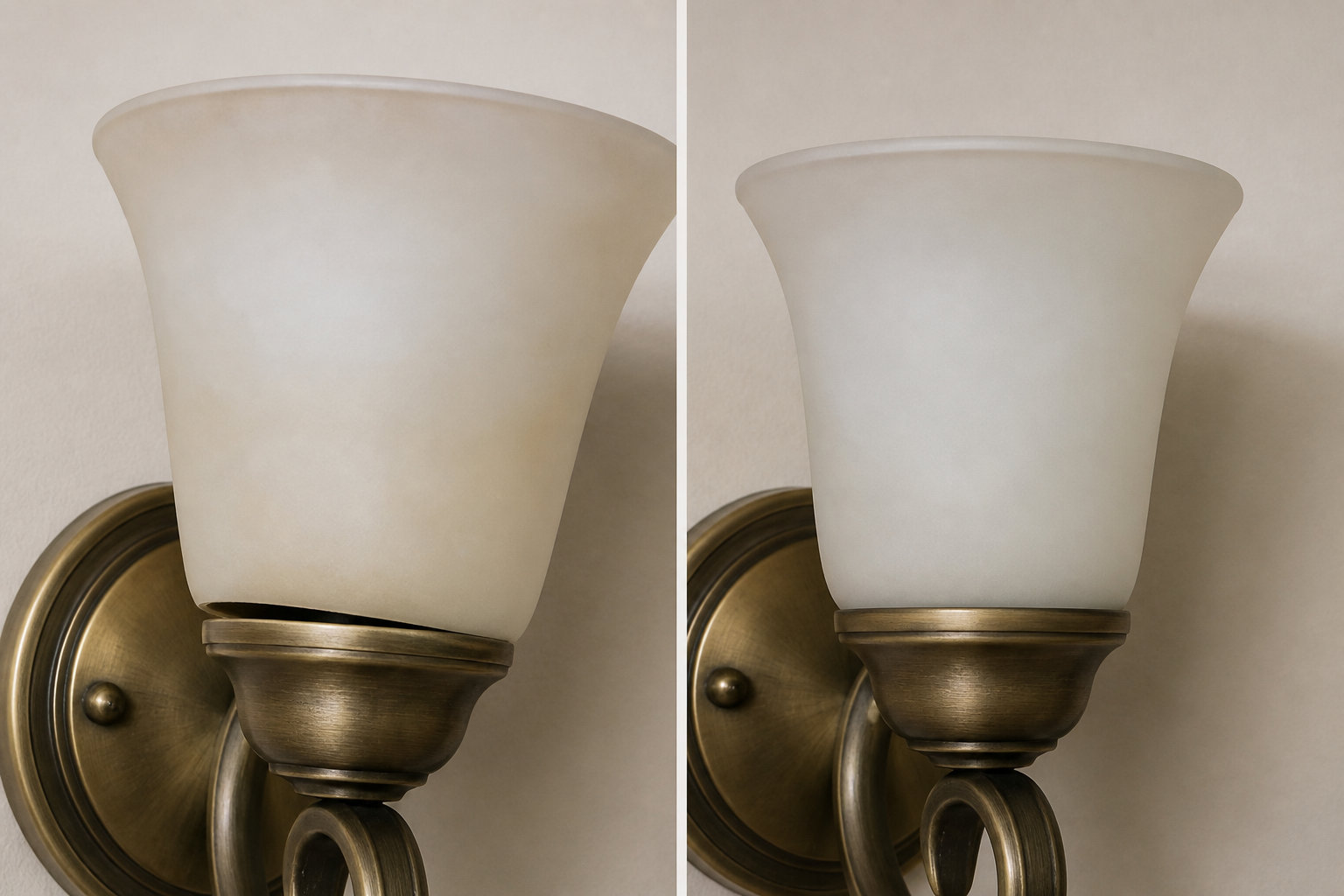 Close-up comparison of an oversized glass shade sitting crooked on a sconce holder beside a correctly seated replacement shade