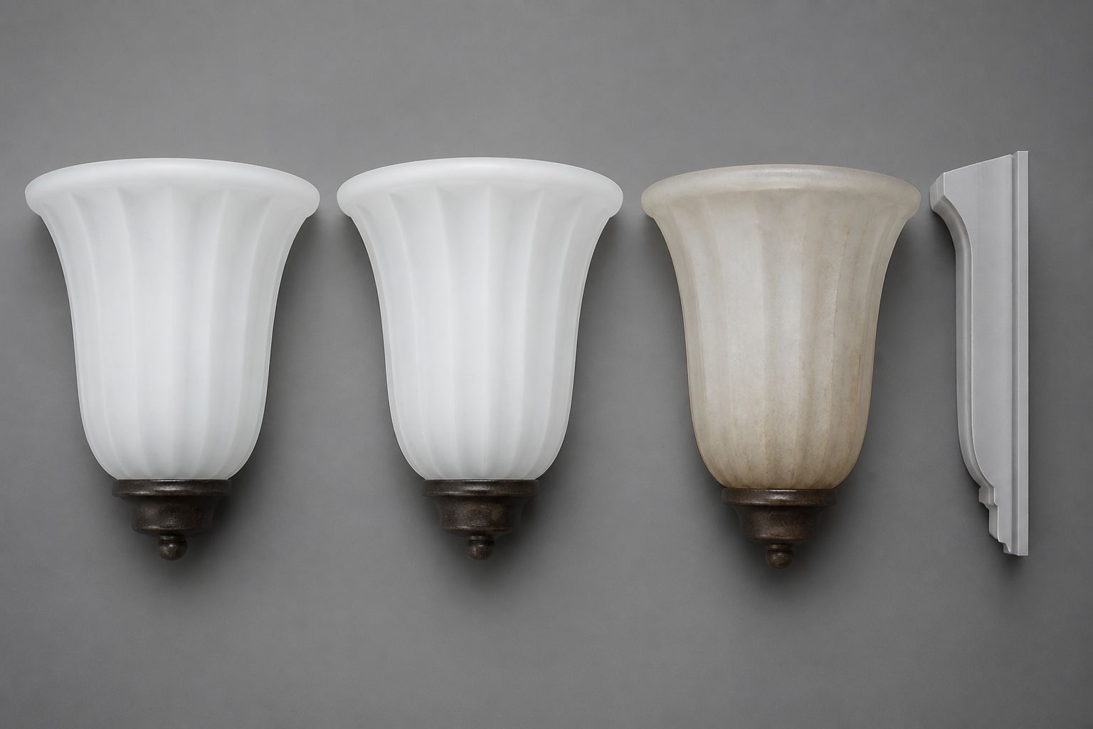 Matched pair of frosted glass sconce shades beside an older discolored sample and a neutral profile reference
