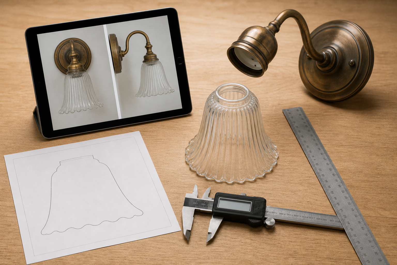 Procurement worktable with a surviving glass sconce shade, calipers, fixture photos and a blank replacement specification sheet