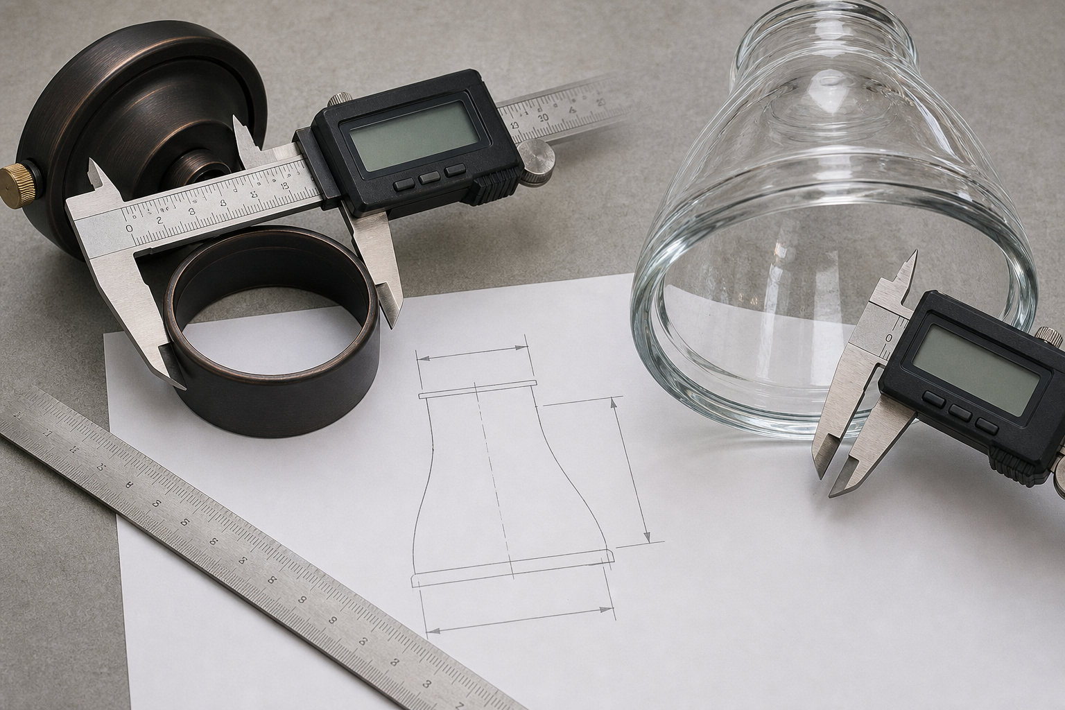 Digital calipers and a rigid steel rule measuring a sconce holder ring and glass lip beside a side profile sketch