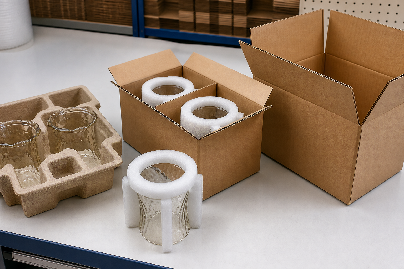 Export packing demonstration with molded protective insert, foam around a glass shade rim, divider, inner carton and outer carton