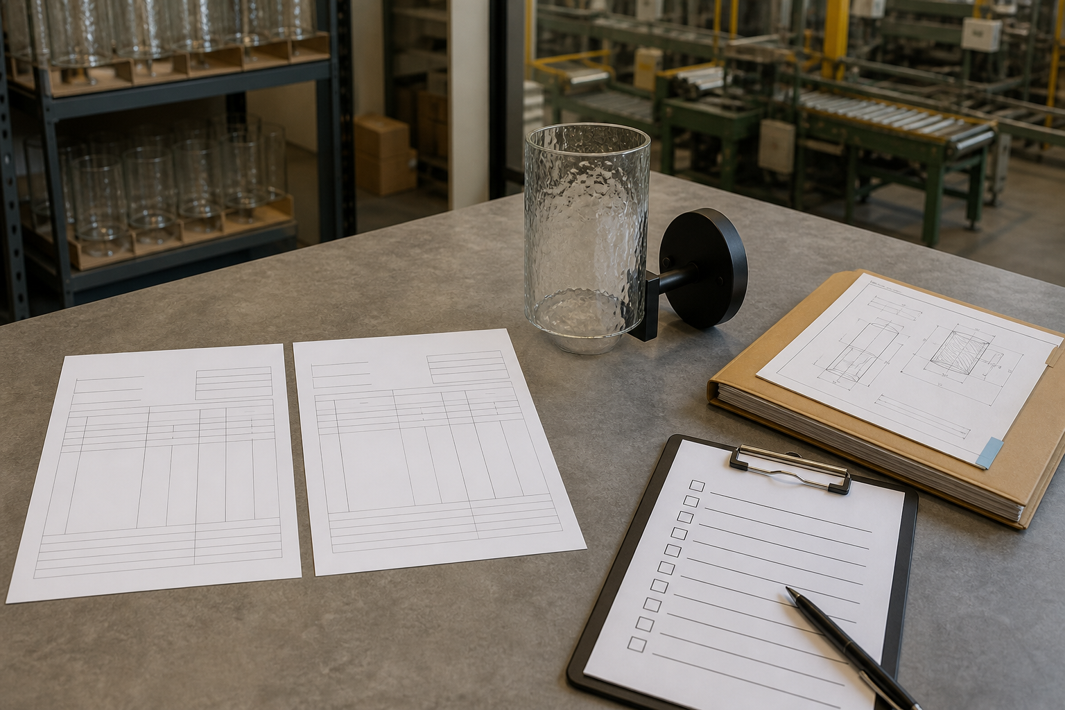 Two blank supplier quote sheets, one sconce sample, a drawing revision folder and a procurement checklist on a clean worktable