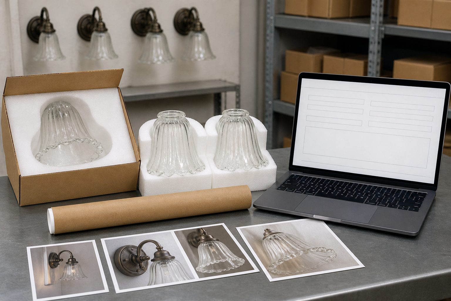 Final replacement shade handoff with a protected glass pair, drawing tube, fixture photographs and a blank supplier inquiry form