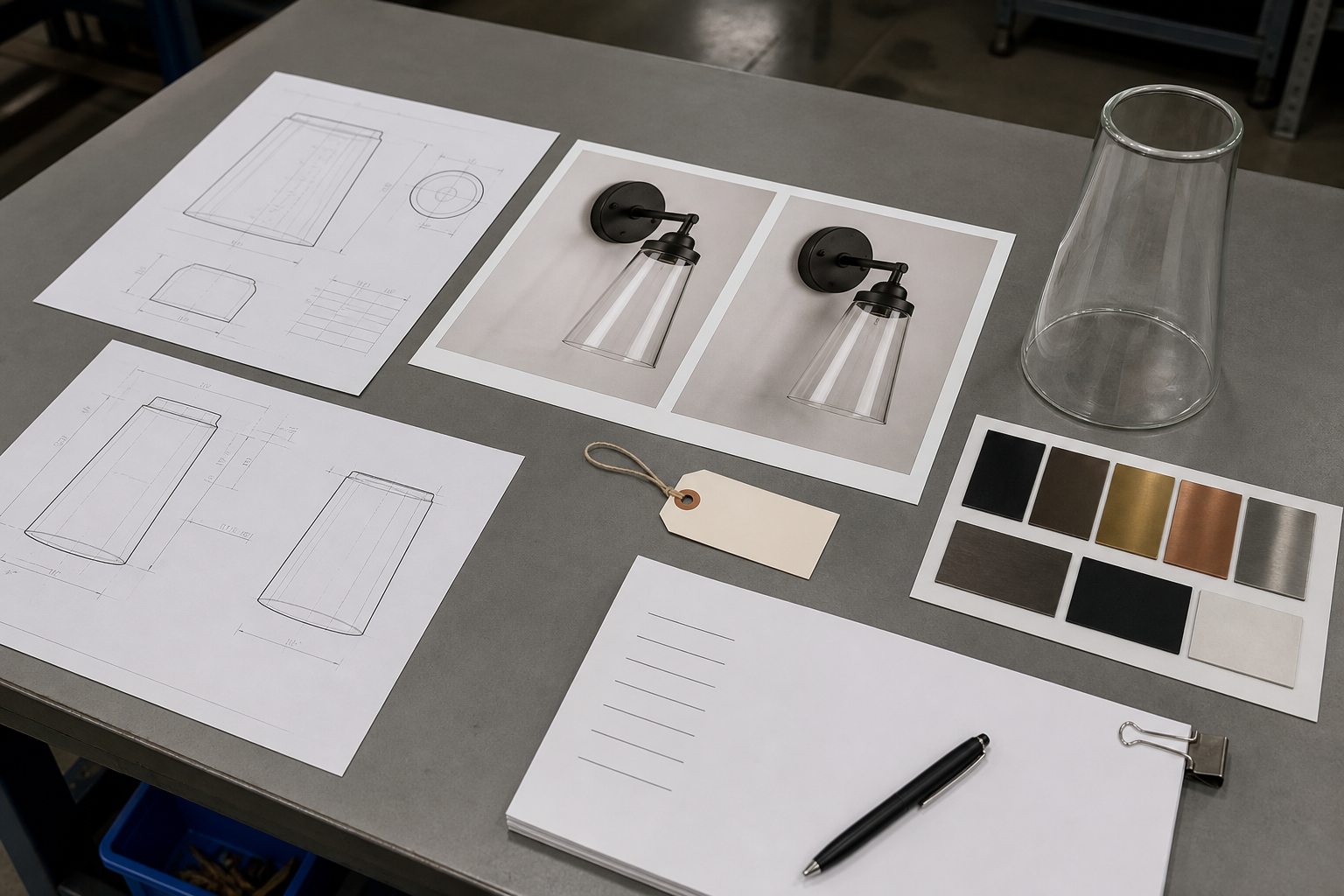 Organized B2B RFQ pack with technical drawing sheets, fixture photos, sample tag, finish swatches and a glass shade on a factory desk