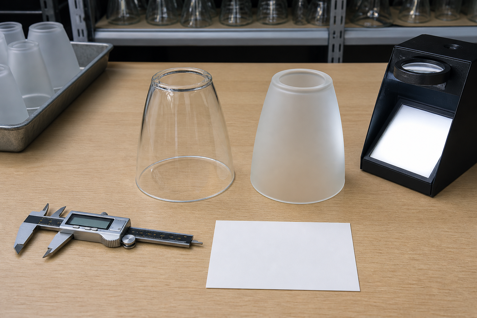 Quality desk with clear and frosted sconce shade samples, calipers, an edge inspection light and a blank approval card